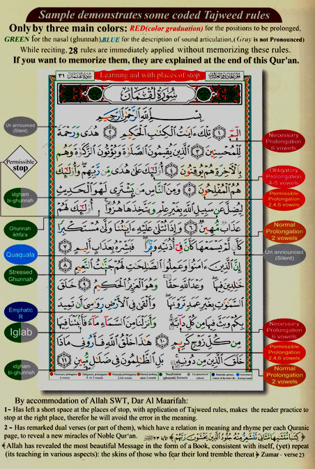 Tajweed Quran with Meaning Translation in English and Transliteration Dar Marifa
