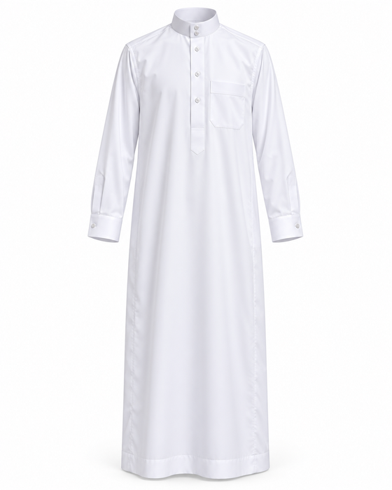 Daffah Saudi-Style Thobe – White, Polyester (Style LEON-18)