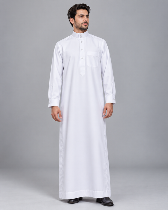 Daffah Saudi-Style Thobe – White, Polyester (Style LEON-18)