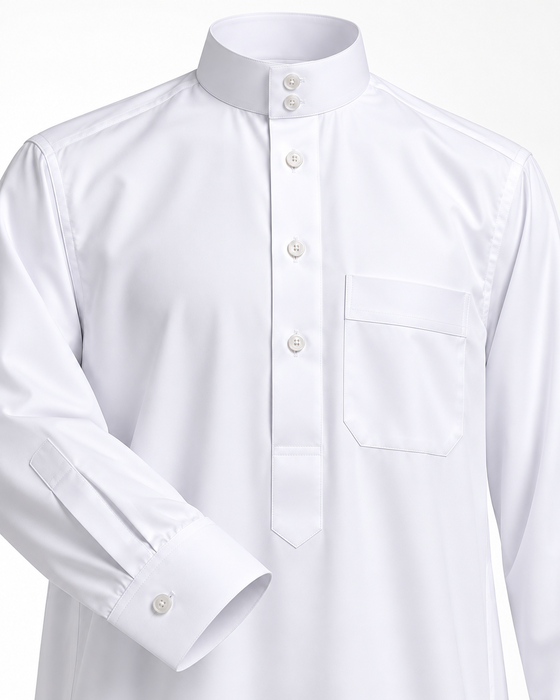 Daffah Saudi-Style Thobe – White, Polyester (Style LEON-18)