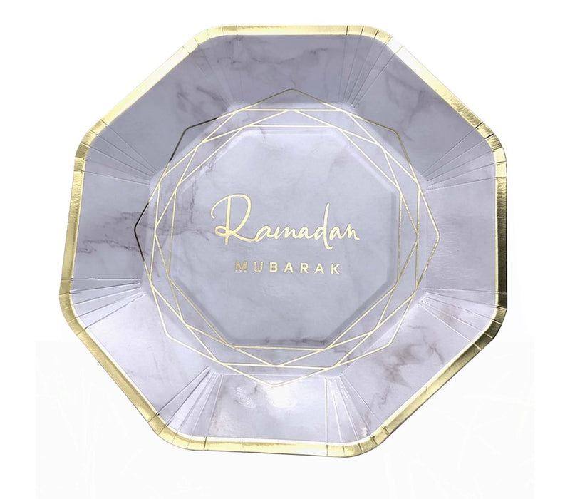 Ramadan Mubarak Paper Plates - White & Gold (23cm)
